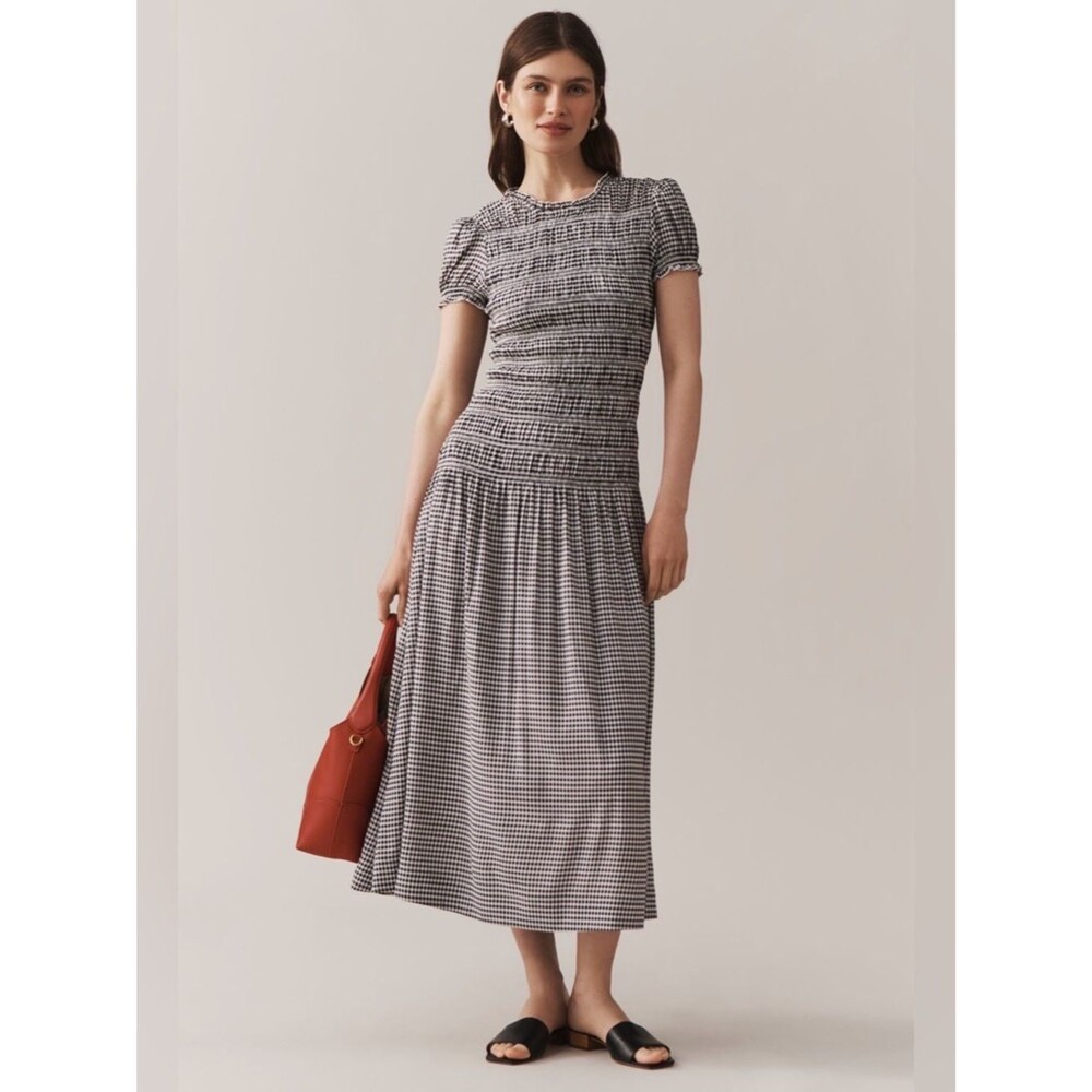 Reformation Kira Gingham Smocked Midi Dress in Black and White SIZE 2 NWOT